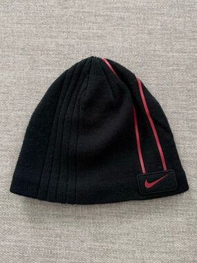 Nike Black Beanie with Red Accent Stripes One Size
